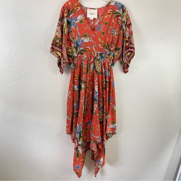 Anthropologie Dresses & Skirts - Anthropologie Maeve Size XS Orange Tropical Floral Chiffon  Tassle Midi Dress